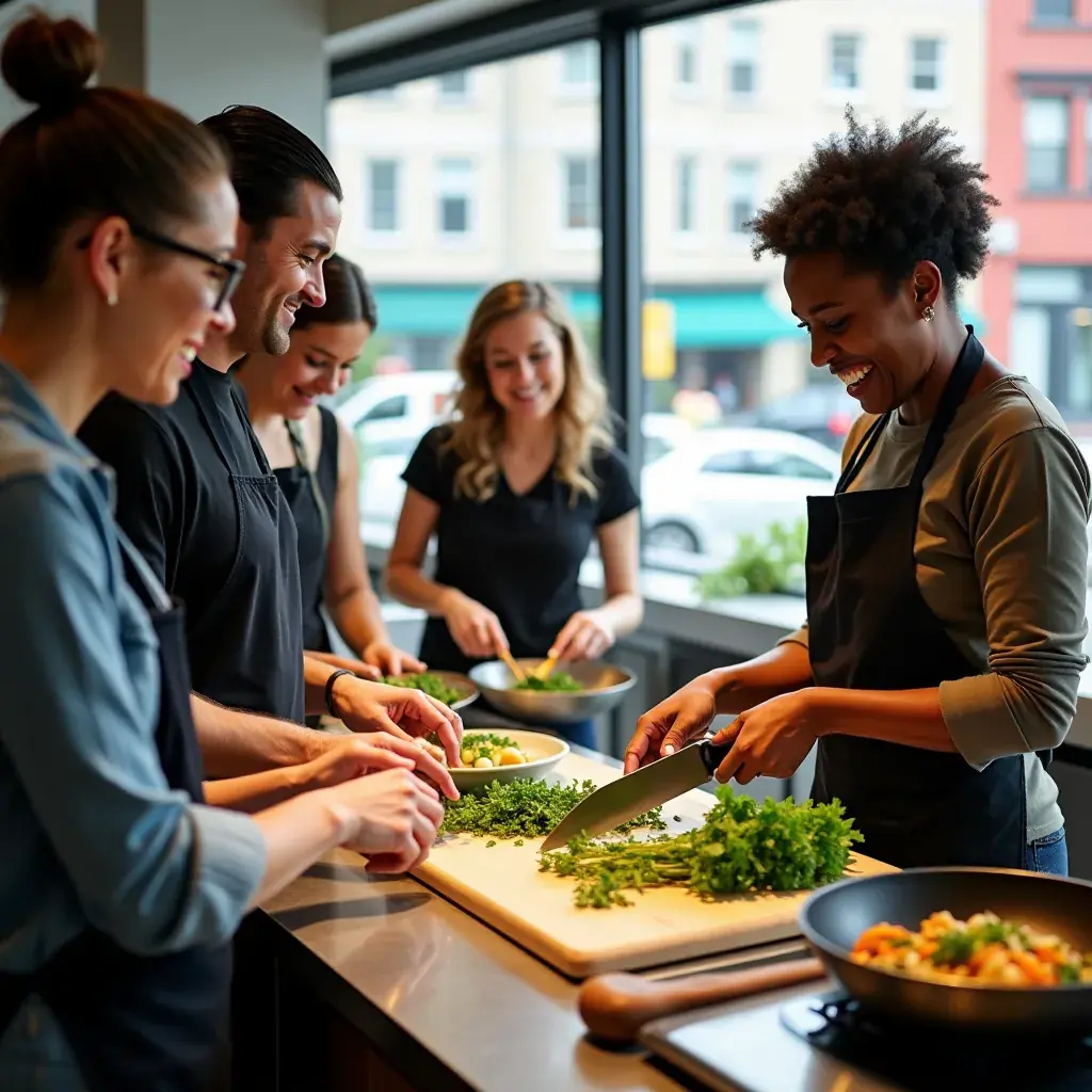 Уличная еда из фудтраков на фоне яркого городского пейзажа